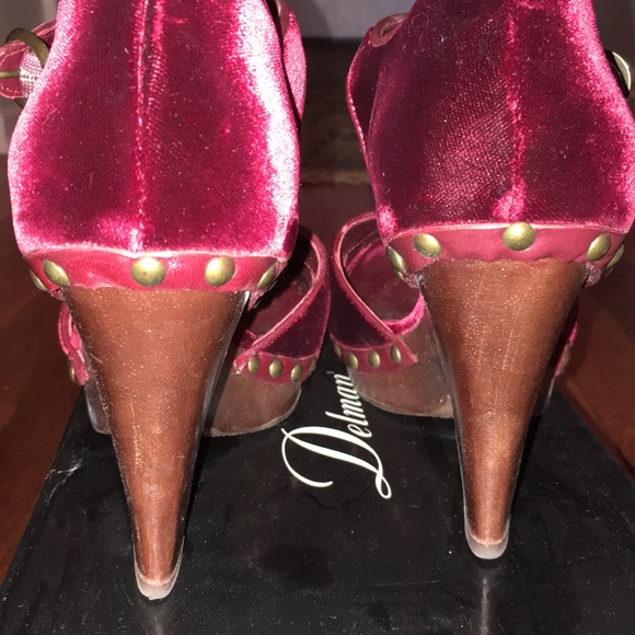 wine velvet Delman strappy wood platform heels sz6 - Picture 7 of 7